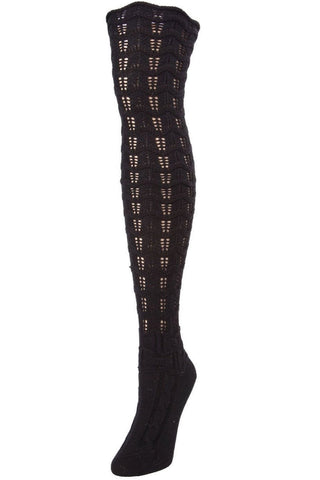 black cotton openwork knit over the knee socks with a stripe and chevron pattern