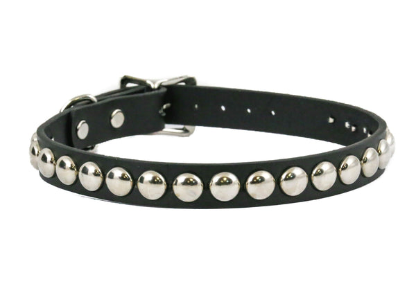 Black leather 3/4” wide choker with one row of silver metal 1/2” dome studs and buckle. Shown from front