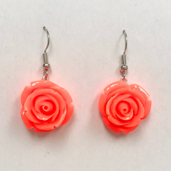 Bright orange-y coral three dimensional resin rose dangle earrings