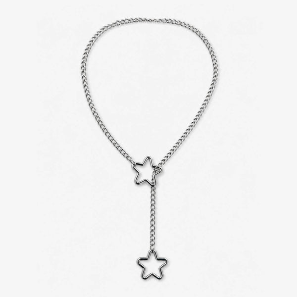 silver stainless steel lariat necklace made of curb style chain with rounded star charms at either end of chain. Shown flat on white background