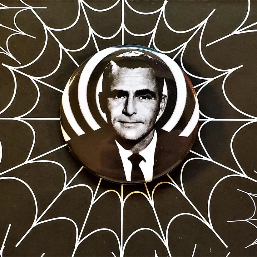 2.25” pinback button of photo of Rod Sterling in front of a black and white swirled background 