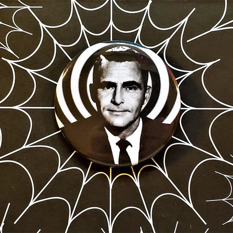 2.25” pinback button of photo of Rod Sterling in front of a black and white swirled background 