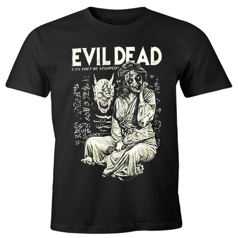 Black t shirt with white screen printed art of Linda from The Evil Dead in her demonic form