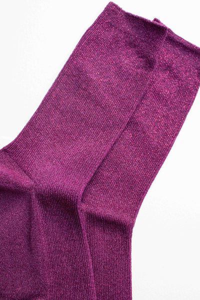 Magenta lurex ribbed crew socks shown in close up