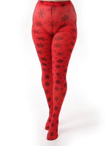 Model wearing opaque bright red tights with an all-over black snowflake pattern 