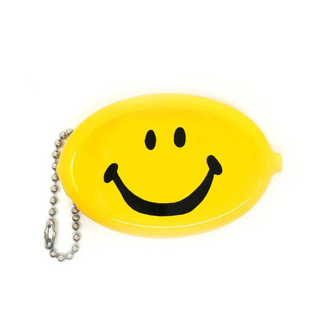 
bright yellow rubber oval shaped coin pouch with black cartoon happy face. With attached ball chain in silver metal

