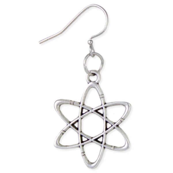 silver metal dangle earrings with atom shaped charms. Single earring shown
