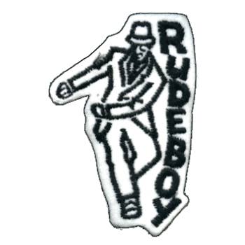 White velveteen embroidered patch of cartoon ska fan wearing suit and hat dancing with “RUDEBOY” written vertically next to him