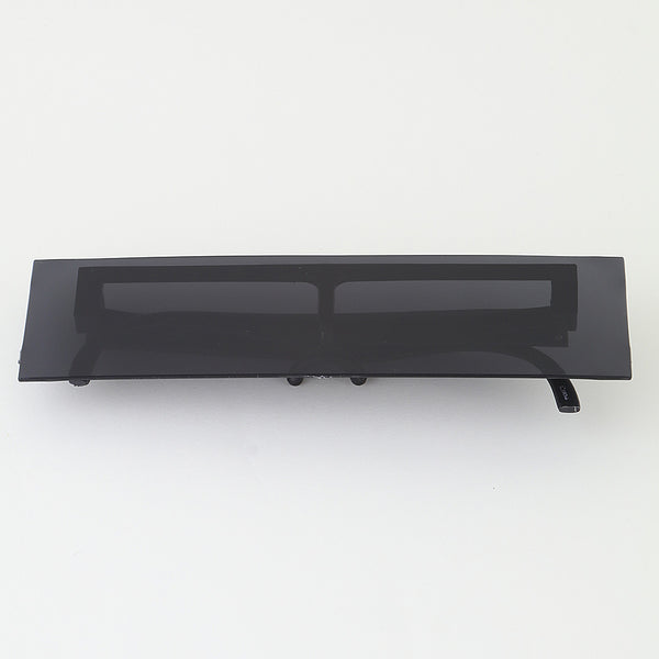 pair of black plastic frameless sunglasses in the shape of a censored eye bar. Shown folded from front