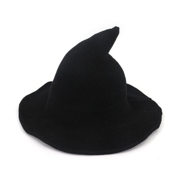Black textured ribbed knit witch hat on a white background