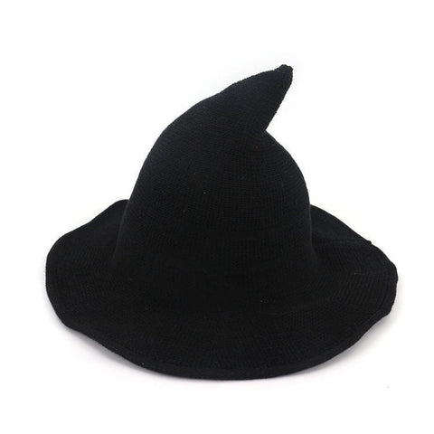 Black textured ribbed knit witch hat on a white background