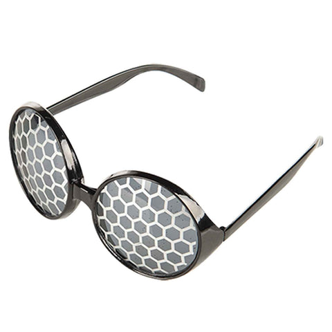 Round sunglasses with grey and white honeycomb pattern lenses on a white background