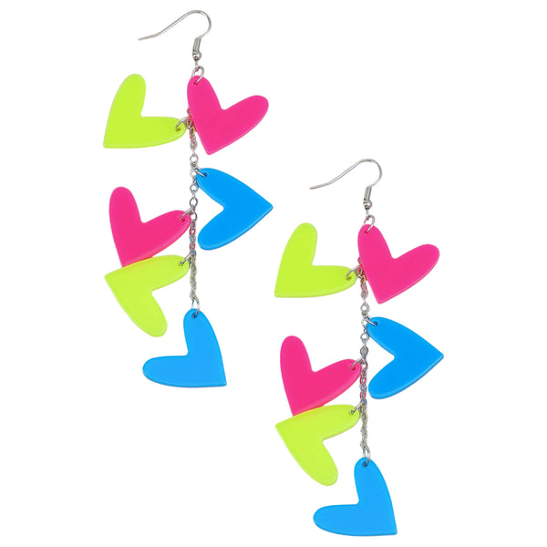 Colorful neon pink, blue, and yellow heart-shaped charms on long silver chain dangle earrings on a white background