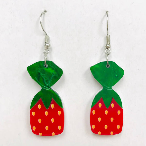 acrylic dangle earrings with charms in the shape of strawberry candies with red and green wrapper resembling the fruit