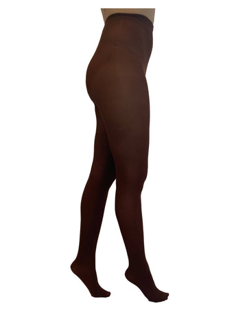 50 denier matte finish opaque tights in rich cocoa brown, shown side view on a model