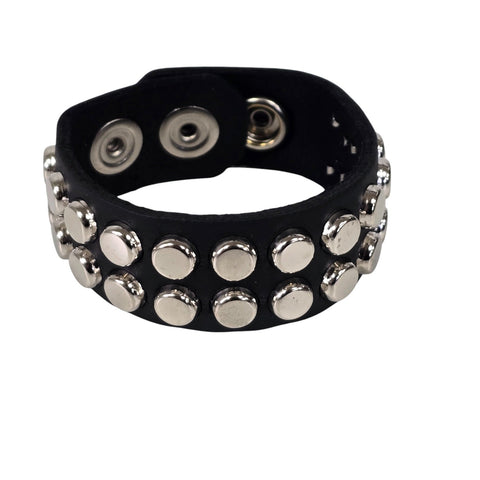 2 row nailhead studded black leather cuff with silver metal buckle. Shown closed