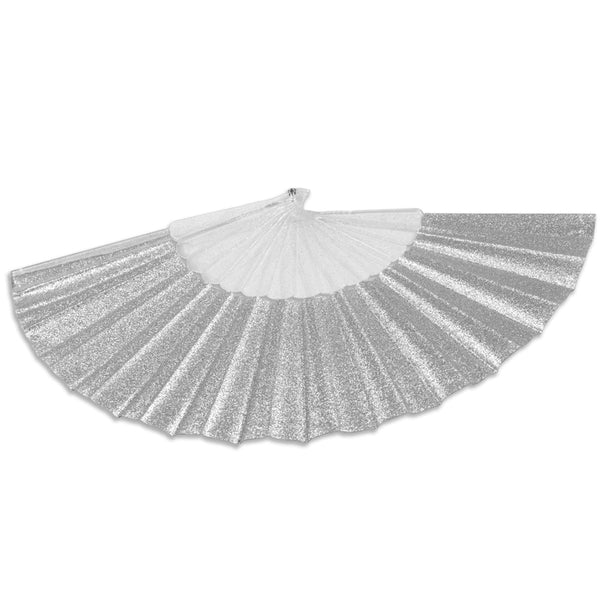metallic silver glittery folding fan with translucent sparkly ribs shown open from side