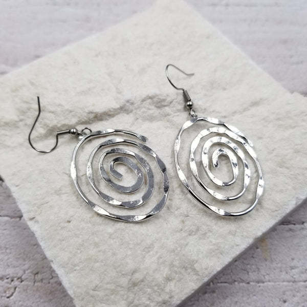 asymmetrical silver metal flattened spiral dangle earrings 