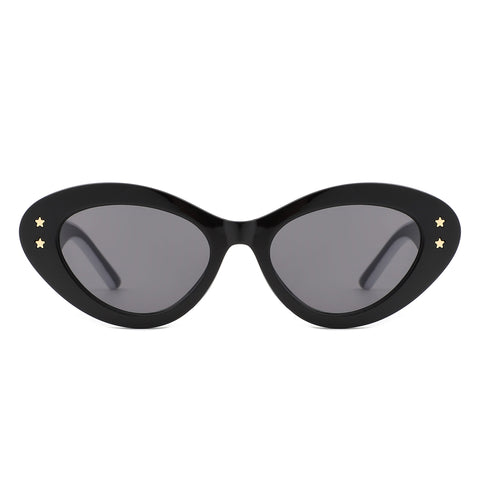 black frame rounded sunglasses with double gold star details at the temples. Shown from the front