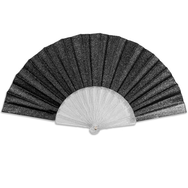 black glittery folding fan with translucent sparkly ribs shown open 