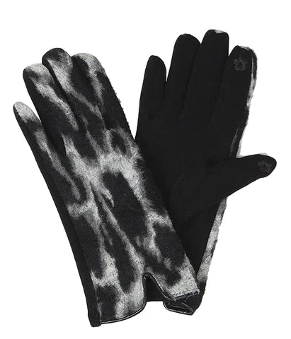 Pair of black touchscreen gloves with black and gray leopard print pattern faux fur on a white background
