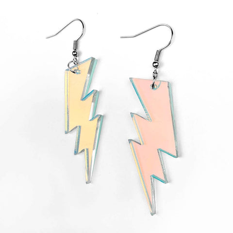 Iridescent laser-cut acrylic lightning bolt dangle earrings 