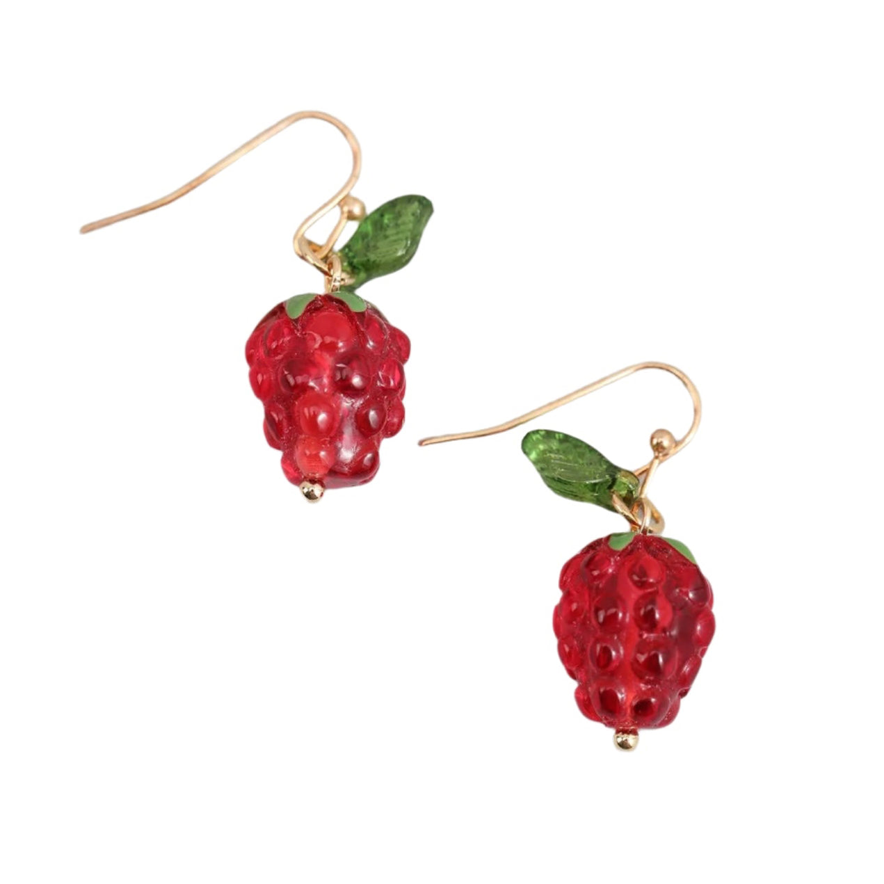 Dangle earrings of raspberries made of translucent red textured beads as the fruit and green beads as the leaf