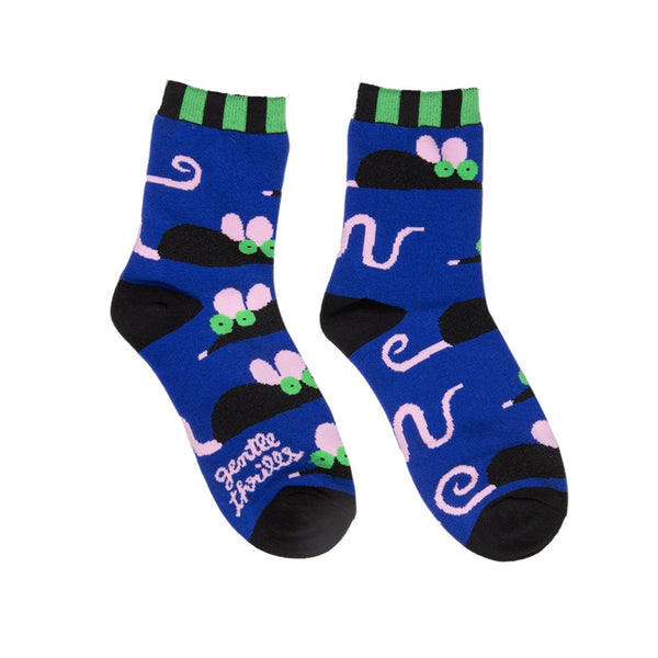 cotton crew socks with black, lime green, and light pink rats on a cobalt blue background with black and green striped cuffs & black heels and toes