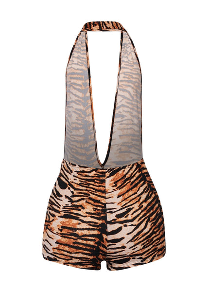 orange and black brushed fiber knit tiger print halter neck romper shown from back