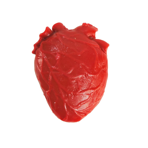 Red rubber squeeze toy in the shape of an anatomical heart shown on white background