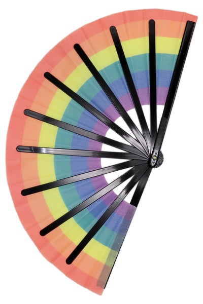 A giant 13” wide rainbow printed fabric folding fan with black plastic ribs. Seen open from back