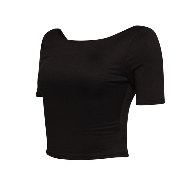 black brushed fiber knit crop top with boat neck, short sleeves, and scoop back. Shown from side