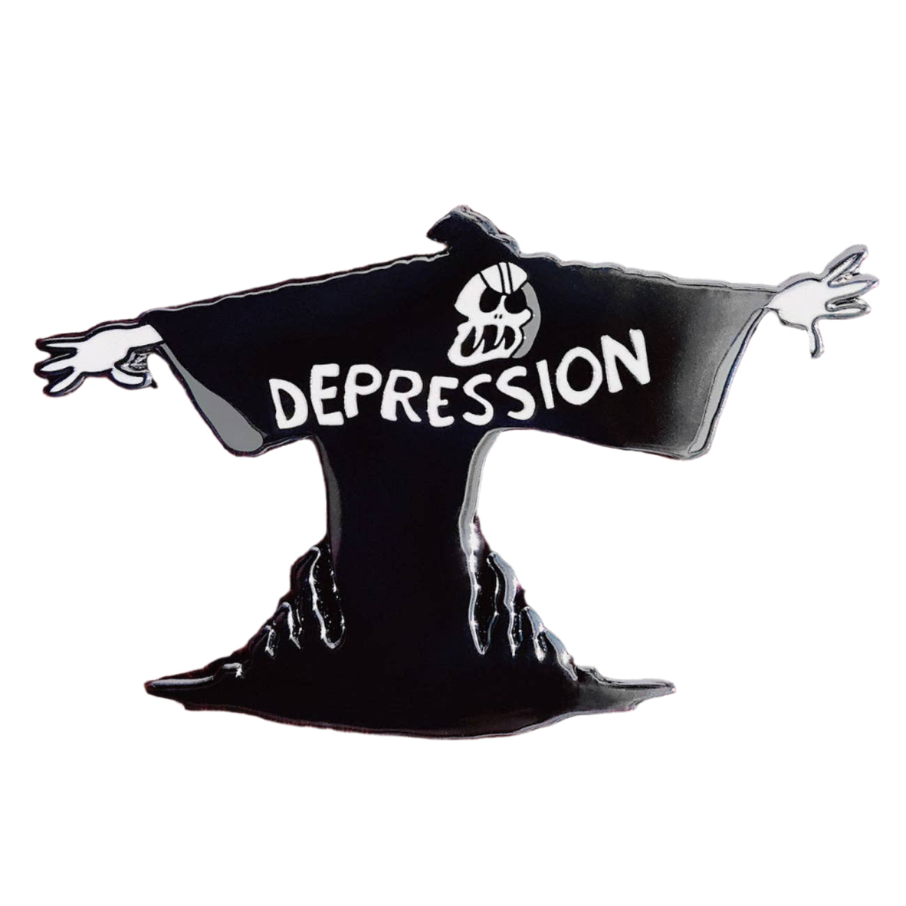 shiny black and white enamel pin of Fleischer studios style cartoon grim reaper with outstretched hands and message of "DEPRESSION" across chest. Shown on white background