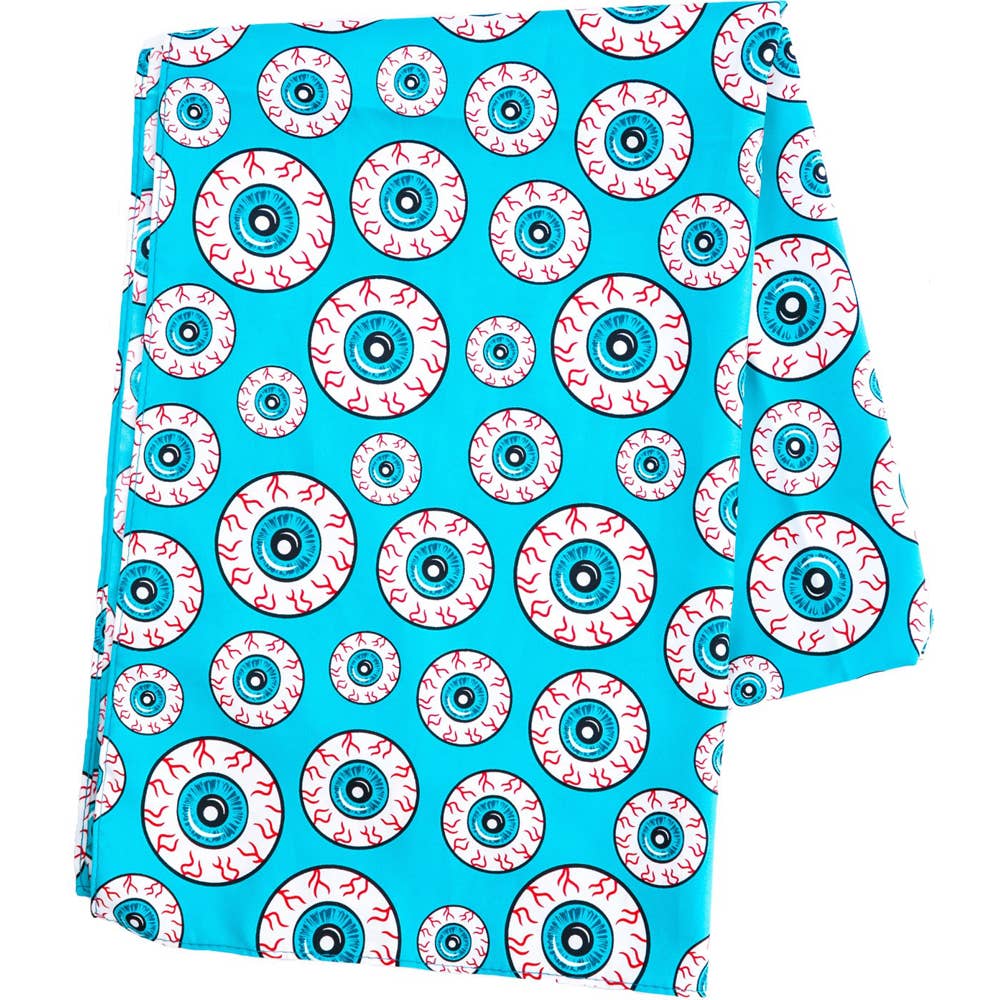 Satin scarf in bright blue with an all over pattern of blue bloodshot eyeballs