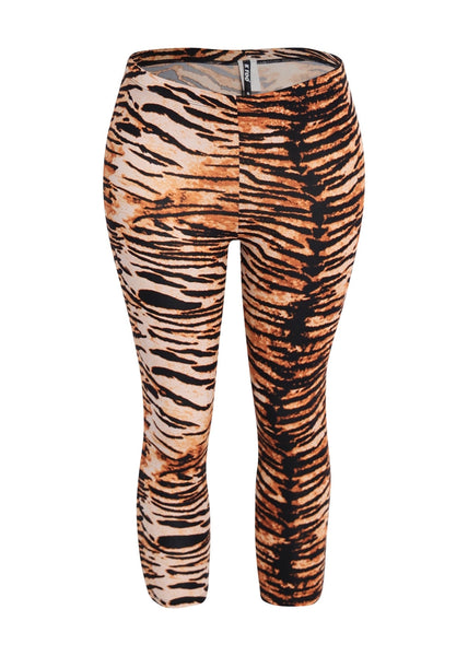 orange and black tiger print high waist capri length leggings shown from the front