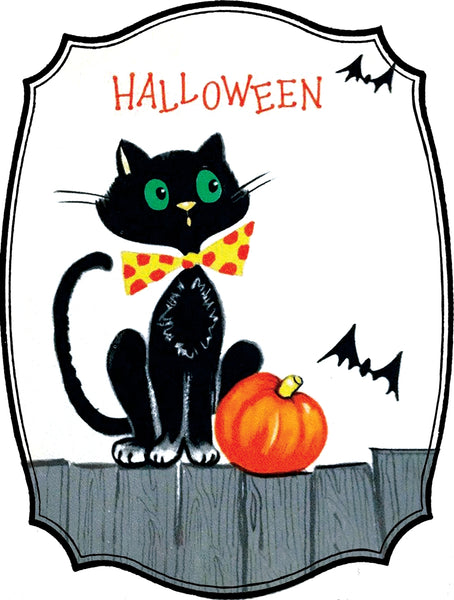 Halloween-themed graphic illustration featuring a black cat with green eyes wearing a yellow and red polka-dot bow tie, sitting next to an orange pumpkin on a gray wooden fence. The word 'HALLOWEEN' is written in red at the top, with small black bats flying in the background.