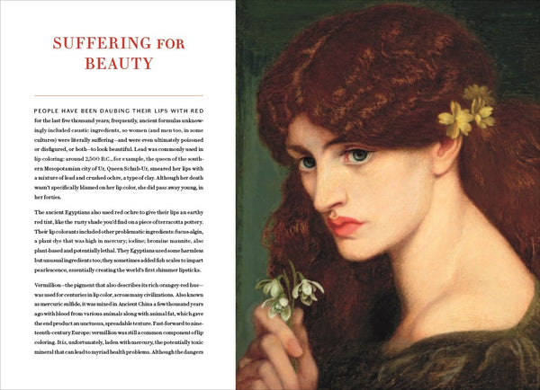 Artistic depiction of a woman with flowers in her hair and text on suffering for beauty.