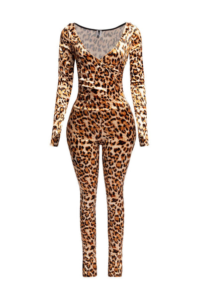 Natural brown leopard print pattern brushed fiber knit catsuit with long sleeves, thumb holes, and v-neck surplice bodice. Shown from front