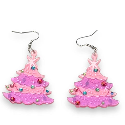 Pink Christmas tree earrings with multicolor rhinestone decorations on a white background
