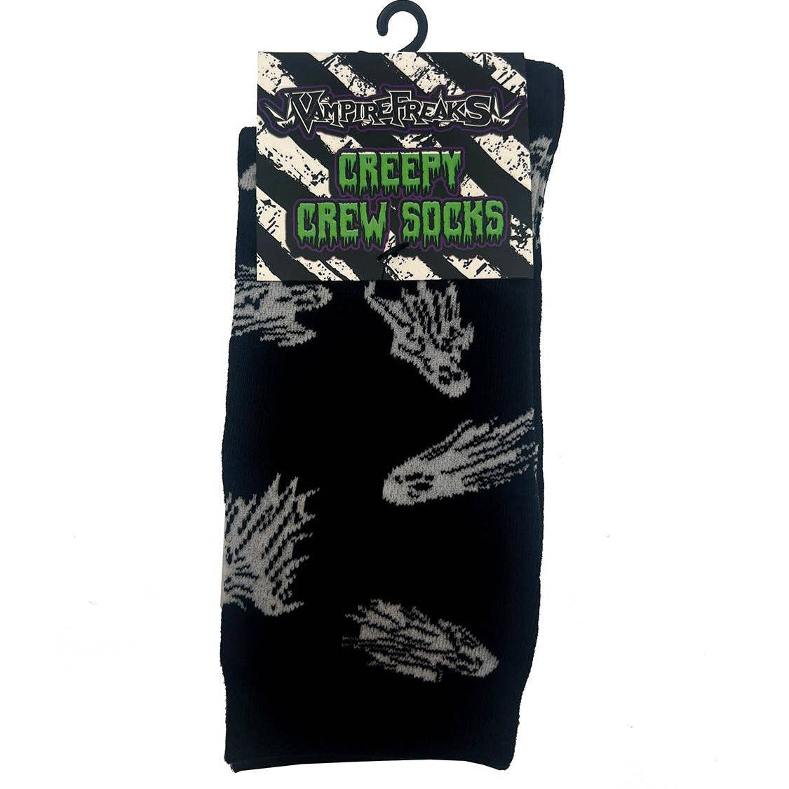 black cotton blend knit unisex crew socks with allover off-white flying ghost pattern