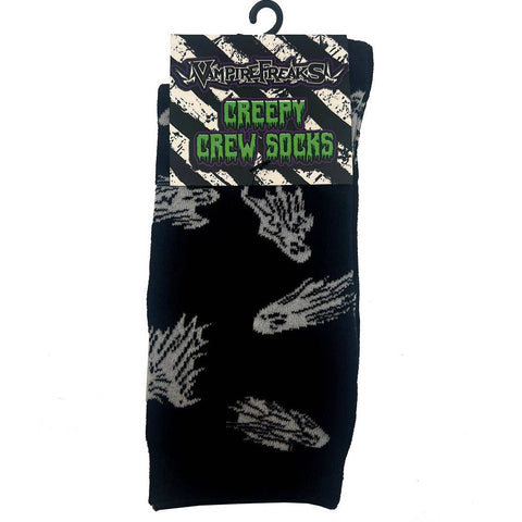 black cotton blend knit unisex crew socks with allover off-white flying ghost pattern