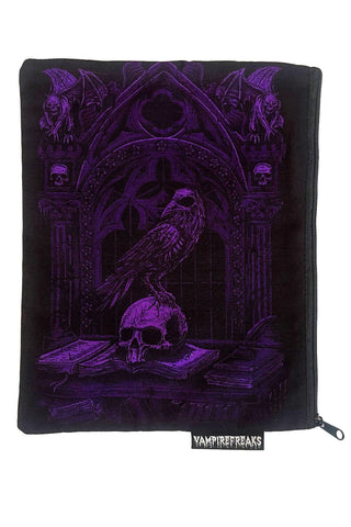 Rectangular black canvas zippered pouch with purple printed illustration of a raven resting on a skull in front of a stained glass window alongside two gargoyles. Shown zipped