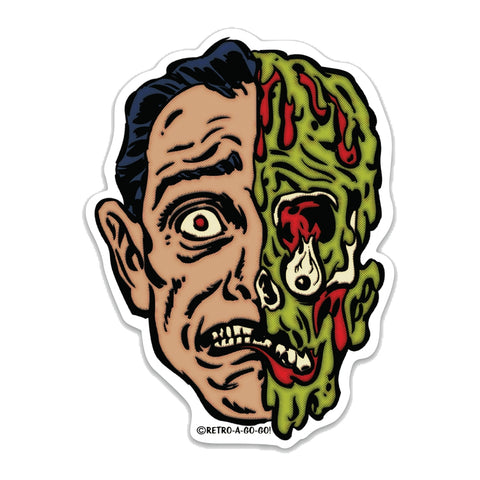 die cut sticker of a man's face that is half normal and half melted and bright green and red