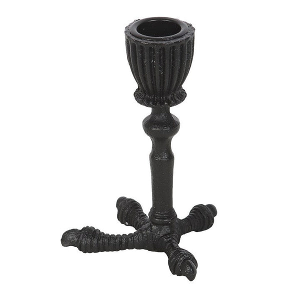 black metal with semi-gloss finish taper candleholder in the shape of a raven claw. Shown from back