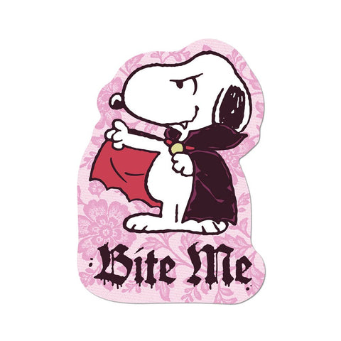 die cut sticker of Snoopy in vampire costume with 'Bite Me' Olde English text on pink floral background