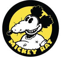 1.25" pinback button with black, white, and yellow Mickey Rat design