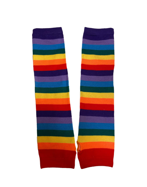 elbow length rainbow striped knit fingerless gloves with thumb holes. Shown flat