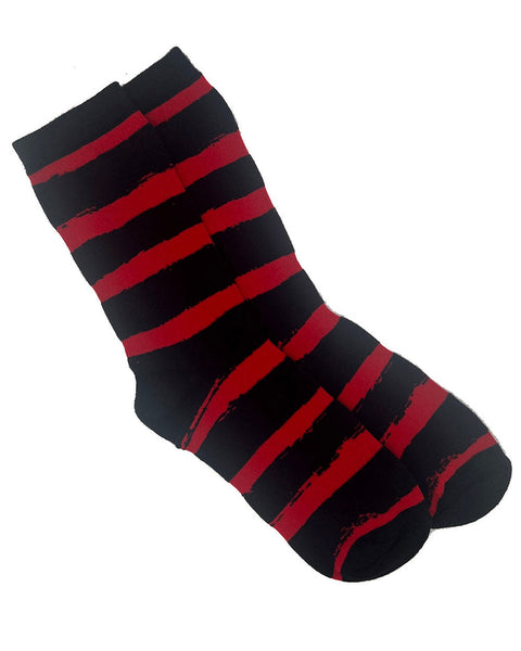 Pair of unisex black and red distressed style striped socks shown flat
