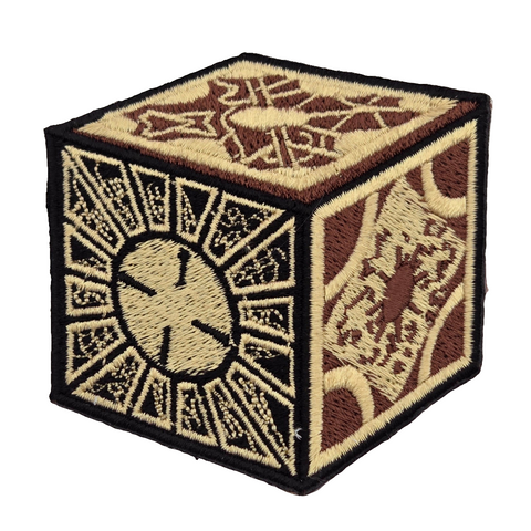 Brown and tan embroidered patch depicting the square puzzle box from Hellraiser