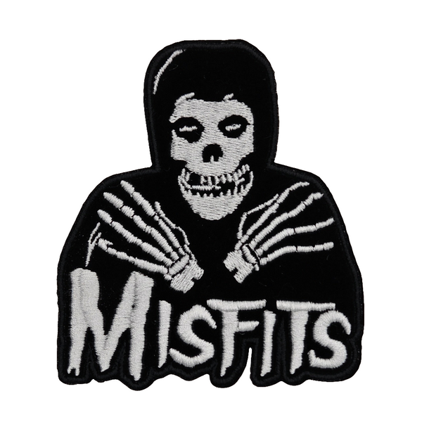 Black and white embroidered patch of a hooded skeleton figure with crossed skeleton hands above the Misfits script logo